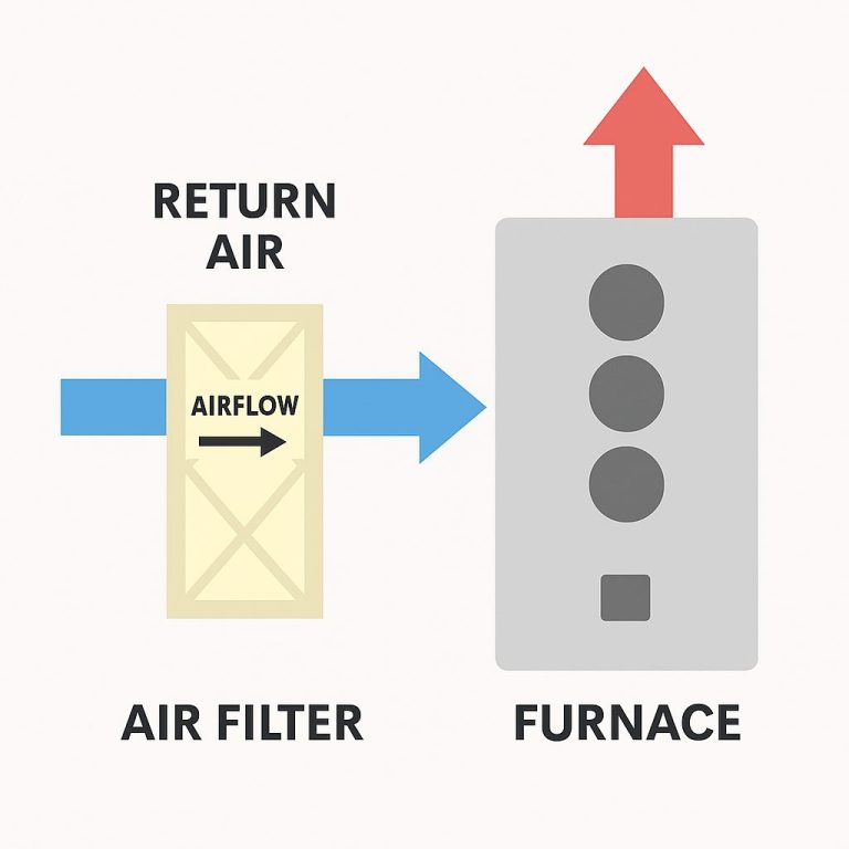 Diagram showing furnace airflow direction with return air, filter, and supply air